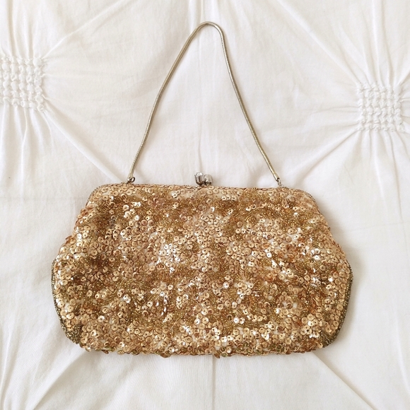 Vintage Handbags - Vintage Gold Sequin Clutch Wristlet
